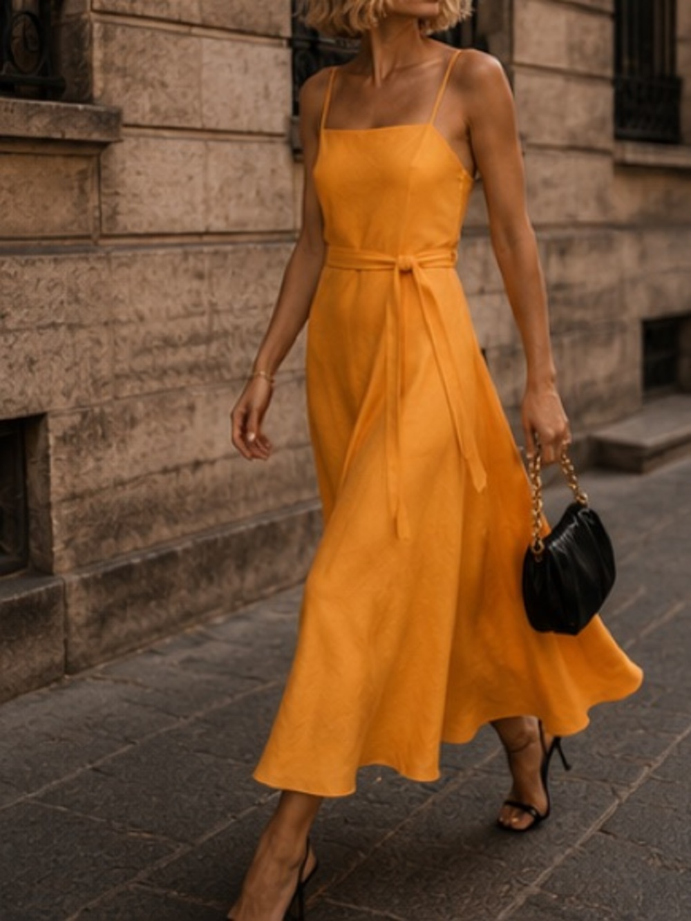 Yellow Satin Slip Midi Dress with Waist Tie